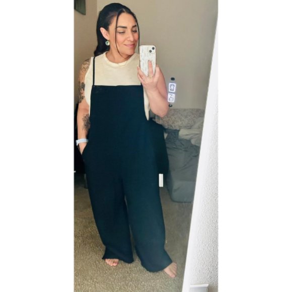 Women Black Casual Loose Long Bib Pants Wide Leg Jumpsuits - Picture 11 of 15